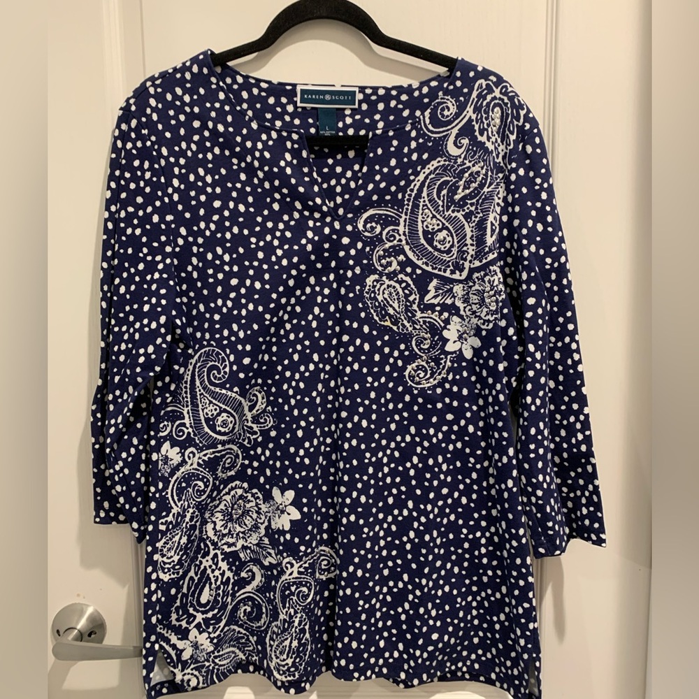 Karen Scott Size Large Polka Dot/Paisley Print Top 3/4 Sleeves Blue White Casual